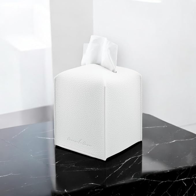 Premium PU Leather Tissue Box Holder - Elegant Hotel-Style Tissue Box Cover for Home, Office & Car DΓ©cor, Tissues Cube Organizer for a Natural & Classic Look (White 2 Pack)