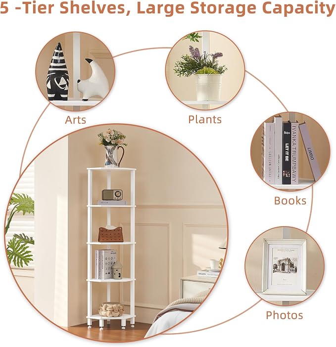 YUFAM 5-Tier Corner Shelf, White | Wooden Corner Bookshelf for Small Spaces, Corner Standing Shelf with Sturdy 5-Leg Base