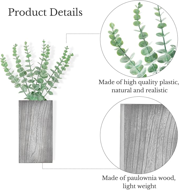 Dahey 2 PCS Wall Planter Vase with Fake Plants for Farmhouse Wall Art Decor | Lightweight Wood, Realistic Artificial Eucalyptus, Cute Hanging Decor for Bathroom Living Room Bedroom Entryway Office, Grey