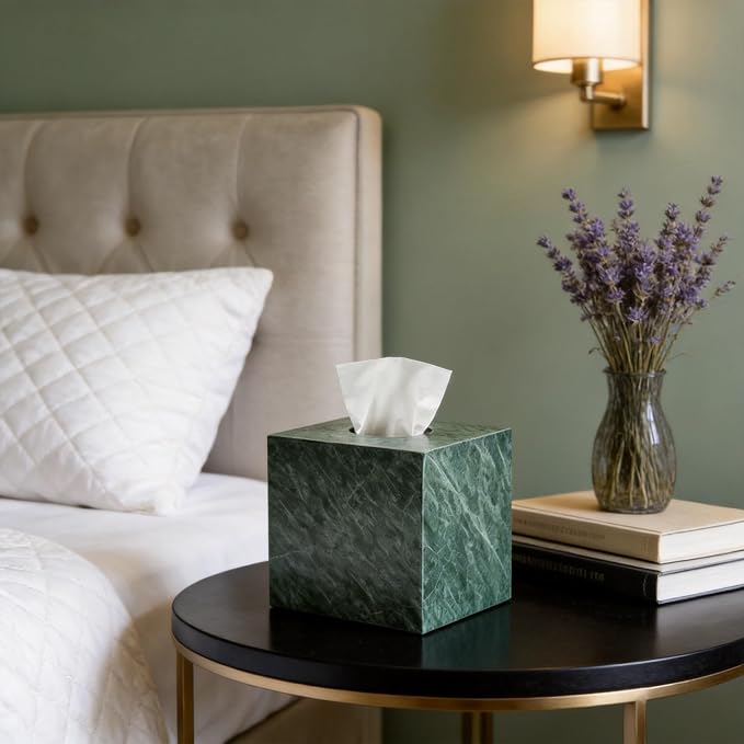 Marble Tissue Box Holder Cover with Open Bottom for Bathroom | Square Cube Polished Surface Tissue Box Holder for Bedroom Dressers, Kitchen Countertop, Indian Green