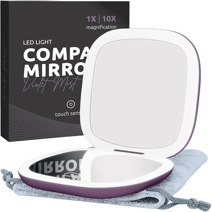 LED Lighted Travel Makeup Mirror 1x/10x, USB-C Rechargeable (Violet Mist)