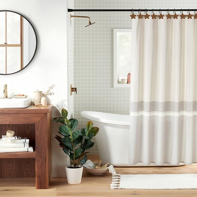 Shower Curtain Hooks, Wood Decorative Shower Curtain Rings, Modern Round Log Shower Curtain Hangers, 12PCS Shower Hooks for Shower Curtain Rod, Bedroom, Living Room (Star-Black)