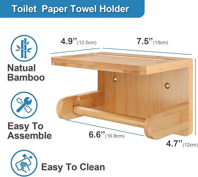 VERTORGAN 1 Pack Bamboo Toilet Paper Holder with Phone Shelf(Natural) | Bathroom Tissue Holder,Wall Mounted Rack,Space-Saving Organizer,Phone Shelf Stand,Easy Installation,Toilet Paper Rack