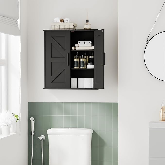 Homleke Bathroom Wall Cabinet, Medicine Cabinet with Adjustable Shelves | 3-Tier Wall Mounted Over Toilet Storage with Barn Doors, for Bathroom, Kitchen, Entryway, Laundry Room, Black, (7.9" D)