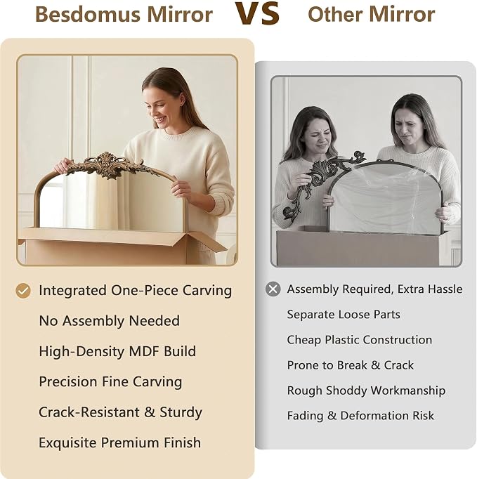 Besdomus Antique Large Wall Mirror: 24"x36" French Brass Gold Vanity Mirror | Vintage Metal Framed Decorative - Baroque Traditional Ornate for Entryway/Bathroom/Bedroom - Ideal for Bathroom Renovations