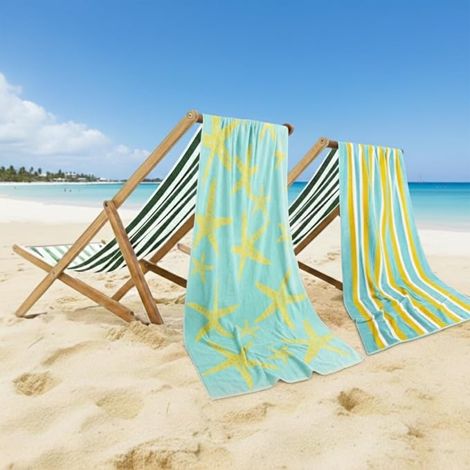CASA COPENHAGEN Miami Towel 2Pcs Starfish Cyan - Cyan Stripe Designer Stripe Beach Towels Gift Set, 35"x70" Oversized 100% Cotton Pool Bath Towel for Beach Gift Set (Summer Gift Set for Women & Men)