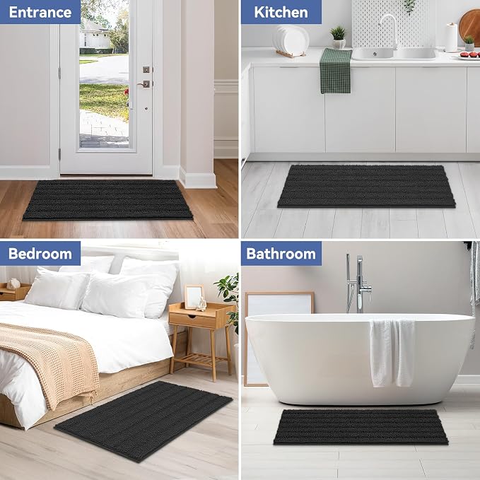 Bcoimo Bath Rug Mat, 44x24 Chenille Non Slip Black Long Bathroom Runner Rug | Extra Soft Bathroom Floor Mats;Non Slip with Rubber Back Bath Mats;High Absorbent, Quick Dry Microfiber mat; Machine Washable