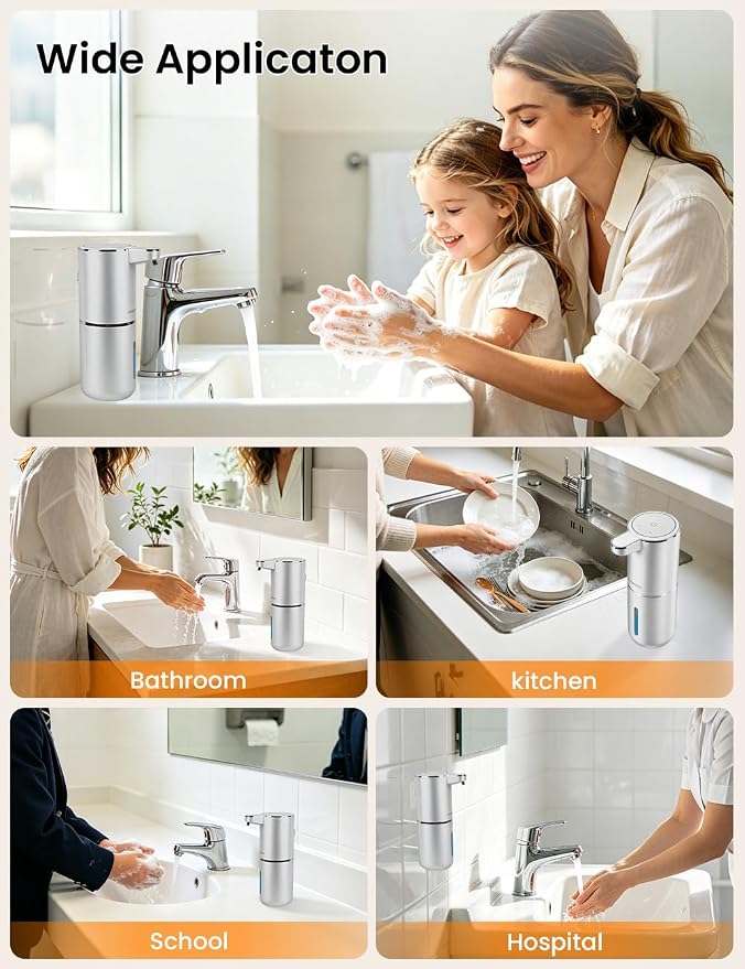 Automatic Soap Dispenser Touchless, Hands-Free, USB Rechargeable Dish Hand Soap Dispenser, 4 Adjustable Volume, Clog-Free for Bathroom Kitchen, Soap Waste Reduction, Easy for Toddlers, Silver