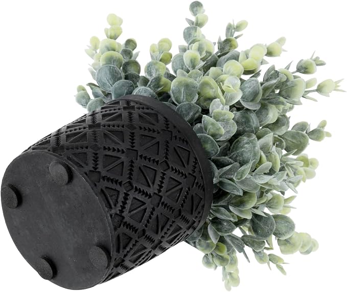 MyGift Black Artificial Eucalyptus Plant Gray Concrete Embossed Planter | Lifelike Leaves, Maintenance Free Accent, Contemporary Styling, Compact Décor, Natural Appearance, Easy Placement