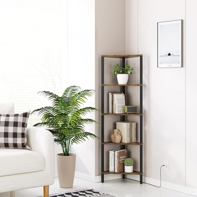 TUTOTAK Corner Shelf with LED Light, 5-Tier Corner Bookshelf | for Small Space, Narrow Display Corner Shelf Stand with Storage Rack, for Living Room, Bedroom, Rustic Brown BS05BB005L