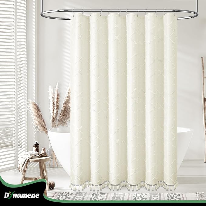 Extra Long Boho Fabric Shower Curtain Tufted Geometric 72x84 Cream | 84 Inch Tall, Elegant Tassel, Lightweight Textured Fabric, Water Repellent, Washable, Hotel Spa, for Bathroom/Dorm 12 Hooks