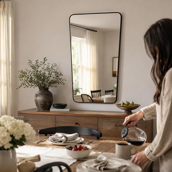 Matte Black Tapered Rounded Rectangle Bathroom Mirror, 24x36 Inch | Aluminum alloy frame, soft trapezoid shape, tempered glass, reversible vertical keyhole mount