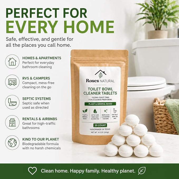 Toilet Bowl Cleaner Tablets, 20 Count – Removes Hard Water Rings, Stains & Odors | Bleach-Free, Plant-Based & Septic Safe | 7 Scents | Handmade in Texas (Peppermint)