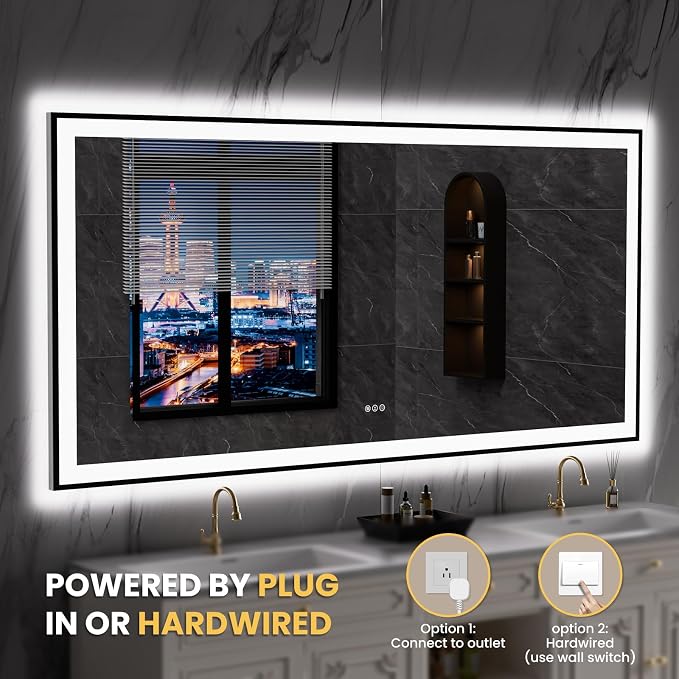 LOAAO 84"X40" LED Bathroom Mirror Black Framed | Anti-Fog, Dimmable, Memory Function, Tempered Glass, Lighted Vanity Mirror for Wall