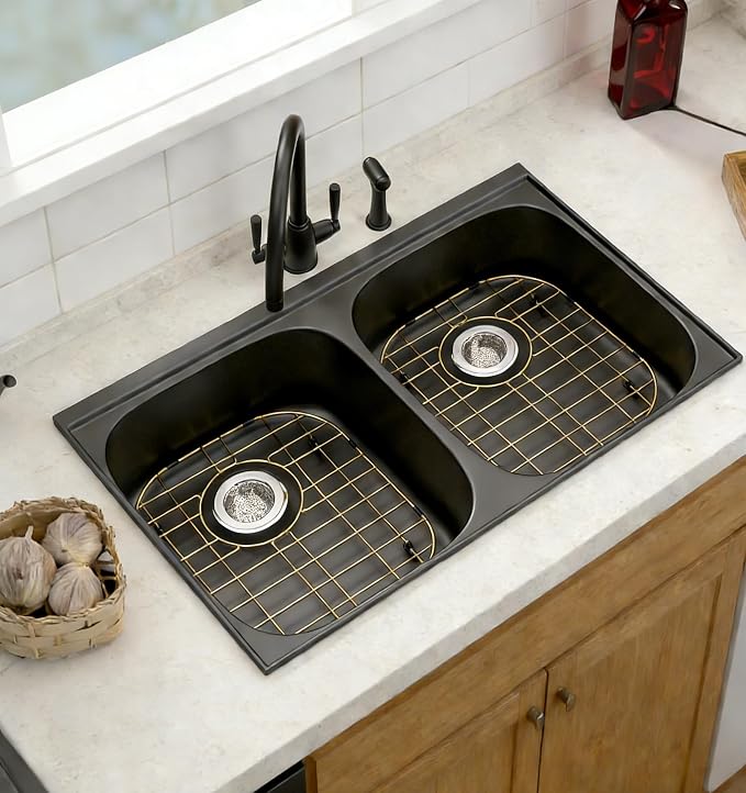 SANNO Sink Grid Protectors with Rear Drain Hole Double Sink Rack | Size:16.14"*13" Stainless Steel
