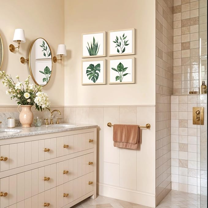 ArtbyHannah Framed Bathroom Wall Art Decor, 10"x10" Botanical Artwork Beige | 4 Pack Gallery Wall Frame Set Modern Farmhouse Sage Green Prints Pictures Art for Spa,Bedroom,Office Decor