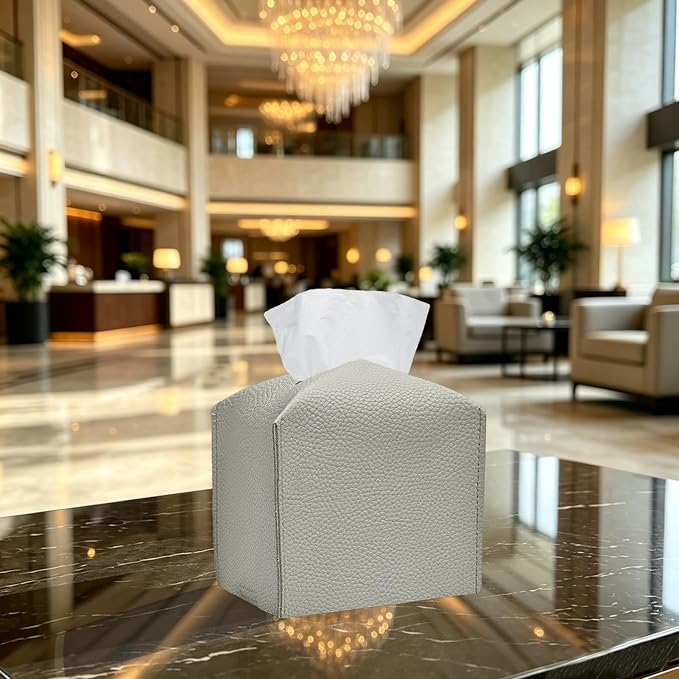 1PC Square Tissue Box Cover, PU Leather Square Tissue Box Holder with Bottom Belt Modern Tissue Box Organizer for Bathroom/Car/Hotel/Office (5.25”x5.25”x5”, Light Grey)