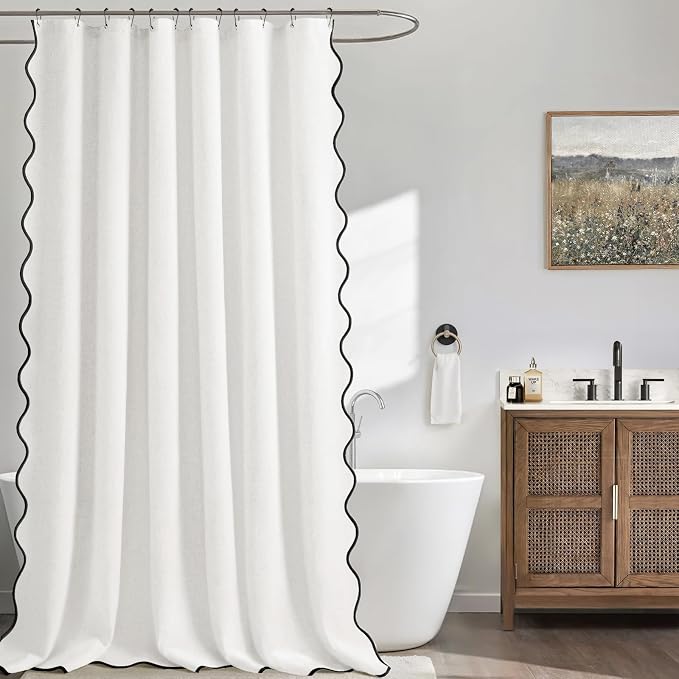 Scalloped Shower Curtain Linen Boho White 72" W x 84" L | Linen Fabric, Black Border, Washable, Heavy Duty Cloth, Shower Curtain for Boho Farmhouse Bathroom Bathtub
