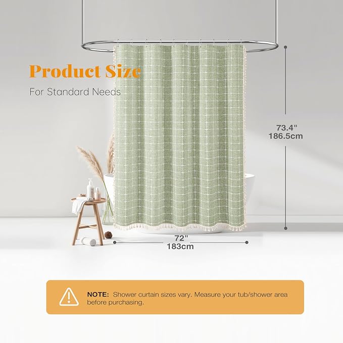 Sage Green Boho Farmhouse Linen Heavy Duty Shower Curtain Set, 72x72 | 330GSM Linen Blend, Classic Plaid, 3-side Tassels, Water Repellent Fabric, 12 Plastic Hook, Rustic Bohemian, Machine Washable