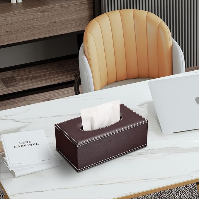 Tissue Box Cover Rectangle, PU Leather Tissue Box Holder Rectangular, Kleenex Box Covers for Home/Office/Car Decoration 9.84"X5.23"X3.77" - Brown