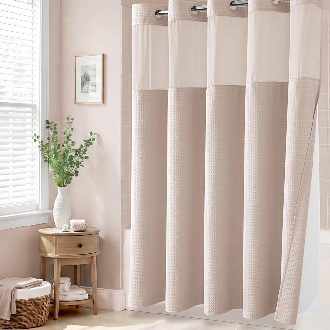 Blush Pink Hook Free Waffle Shower Curtain & Snap-in Liner,72x75 | Less Time to install, 3 in 1 Fabric Shower Curtain and Liner Set with Magnets, Mesh Top Window, Shower Curtains for Bathroom
