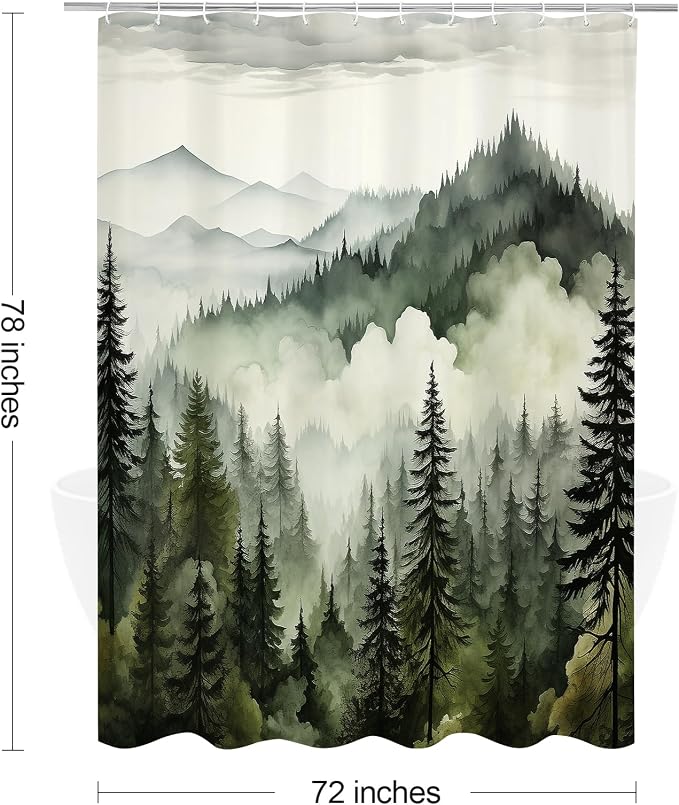 Litabel Dark Green Long Misty Pine Forest Shower Curtain 72 x 78, Mountain Foggy Woodland Scenery Tree 78 Inch Long Shower Curtains for Bathroom, Abstract Waterproof Nature-Themed Decor