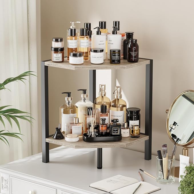 Creso hom Corner Shelf Stand, 2 Tier Industrial Corner Bookshelf | Multipurpose Standing Corner Display Shelf Countertop Organizer for Living Room Kitchen Bedroom Office, Greige