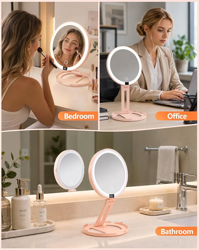 Foldable Travel Makeup Mirror with Lights 20X/1X Magnifying Mirror | Double-Sided Travel Magnifying Mirror With 3 Color Modes & Rechargeable,Dimmable Touch Screen, Smart Display