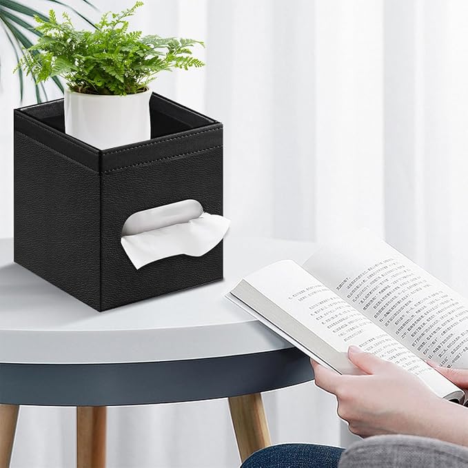 PU Leather Square Tissue Box Cover with Storage Tray - Decorative Organizer for Bathroom Vanity, Night Stands, Office Desk, Bedroom Countertop | Stylish Tissue Holder for Home & Office Décor | PU Leather Side Open Napkin Caddy,Facial Paper Dispenser fo...