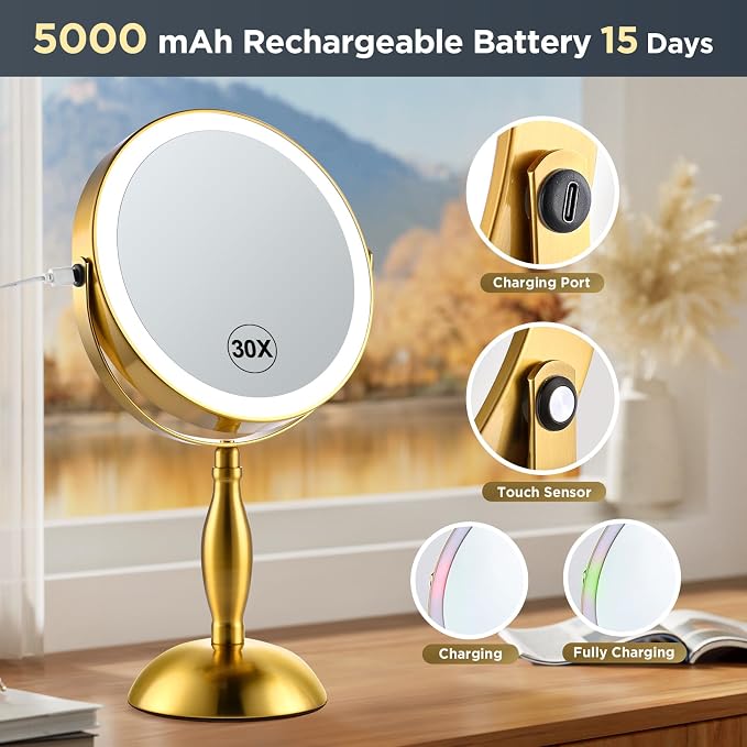 Makeup Mirror with Lights, 30X Golden Magnifying Mirror | 5000mAh Rechargeble Double Sided Mirror - Side Charge & Touch, Brightness Adjustable with 3 Colors, 360°Swivel Vanity Mirror