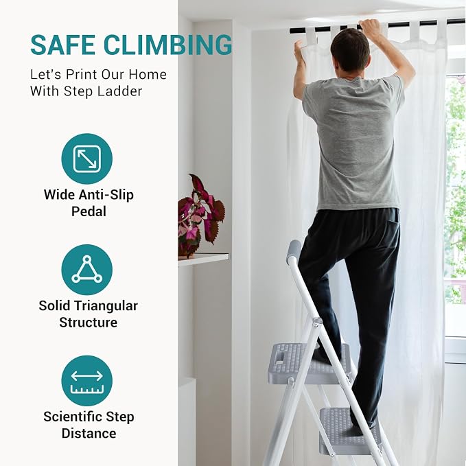 OLIXIS 2 Step Ladder, 800lbs Foldable Step Stool with Anti-Slip Pedal | Heavy Duty Portable Stepping Stool with Sturdy Steel Ladder & Comfortable Handrail, for Kitchen, Garage, Outdoor Use - Grey
