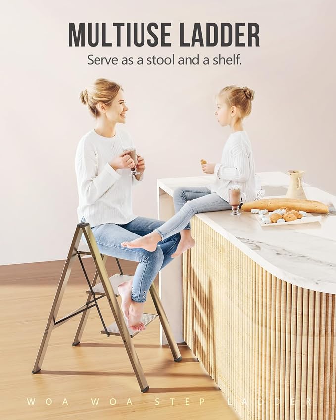 3 Step Foldable Step Stool, 300lbs Load, Gold | Folded 35''H x 2''T; Net 7.99 lbs; Non-Slip Feet: Wood/Tile/Carpet; Rigid Aluminum Steps; No Assembly; Ready From Box.