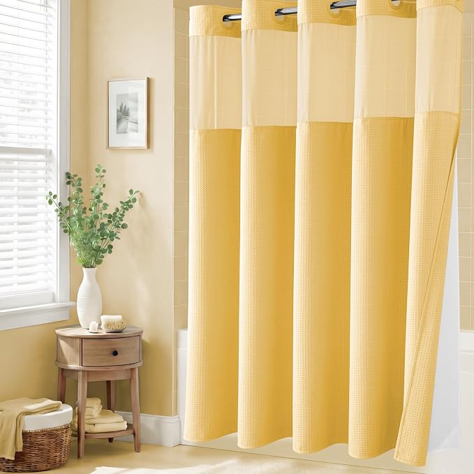 Gold Hook Free Waffle Shower Curtain & Snap-in Fabric Liner,72x75 | Less Time to install, 3 in 1 Fabric Shower Curtain and Liner Set with Magnets, Mesh Top Window, Shower Curtains for Bathroom