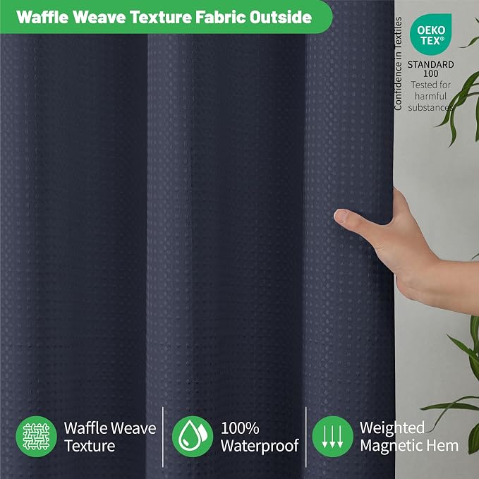 No Hook Waffle Shower Curtain, No Liner Needed, 71x86 Inch, Navy Blue | 100% waterproof TPU-laminated backing, magnetic weighted hem, machine washable, shower curtain set for bathroom or hotel use