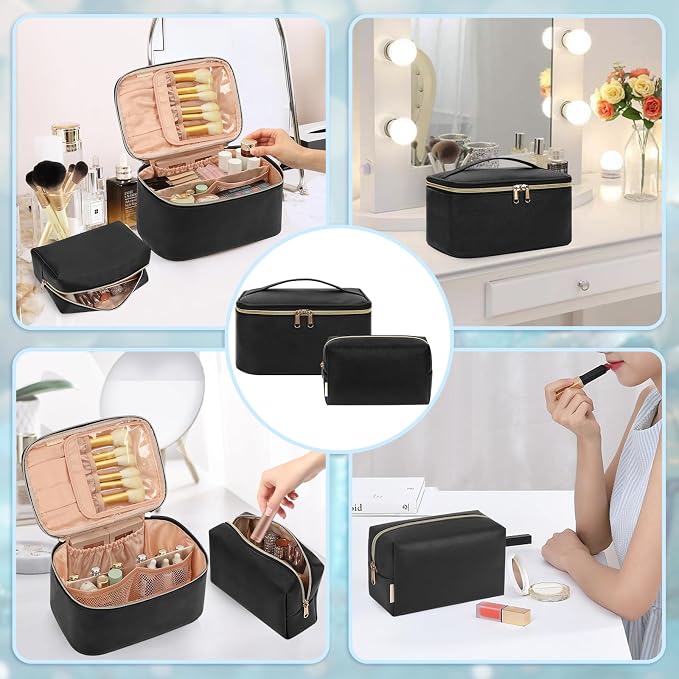 Makeup Bag Set, Portable Travel Makeup Bags Cosmetic Organizer Bag for Women Cute Floral Cosmetic Pouch Large Capacity Make up Bag PU Leather Toiletry Bags with Divider and Handle-Black