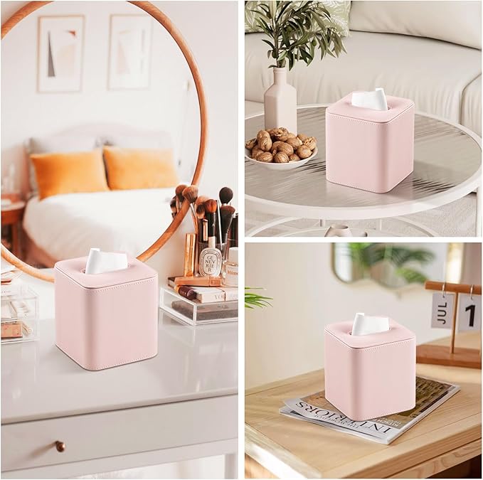 PU Leather Tissue Box Cover Square Tissue Box Holder, Pink | Magnetic Closure, Rounded Edges, Fits All Standard Cube Tissue Boxes, Decorative Tissue Holder for Living Room Bedroom Office
