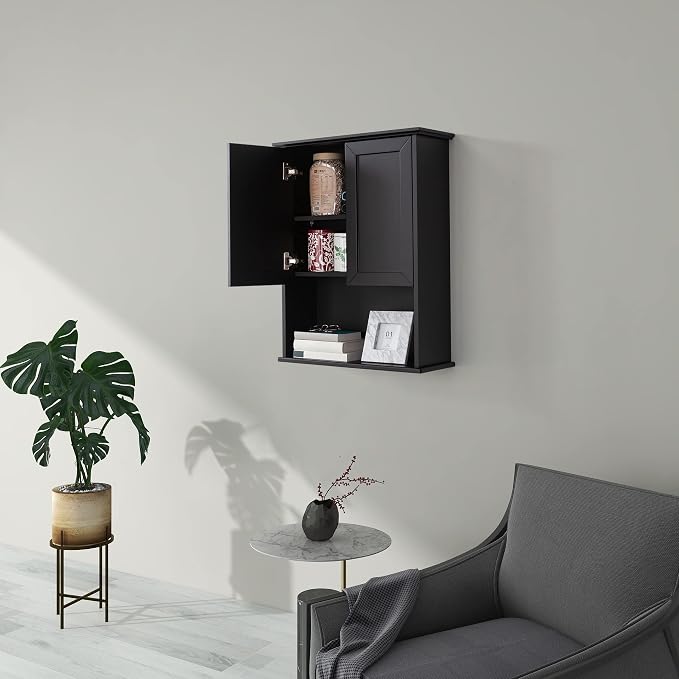 VANIRROR Bathroom Wall Mounted Wood Medicine Cabinet with Adjustable Shelf | 23"x 29" Black Over Toilet Storage Wall Hanging Cabinets for Entryway, Kitchen, Laundry Room