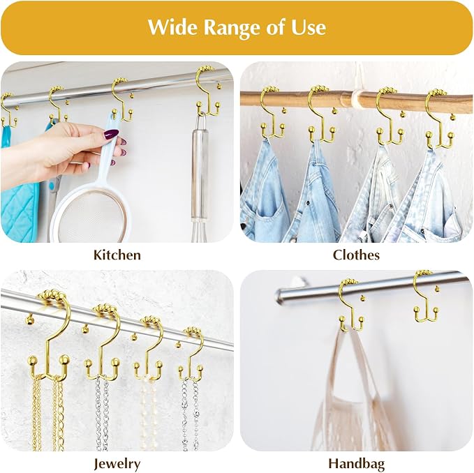 12 Pcs Gold Shower Curtain Hooks, 304 Stainless Steel Shower Curtain Hooks | Shower Curtain Rings Rust Proof, Double Hook Glide Shower Curtain Hooks Gold for Bathroom, Modern Decorative Shower Hooks