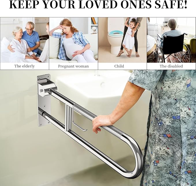 Toilet Grab Bar 32 Inch, YuanDe Flip Up Grab Bar with Paper Holder | Polished Chrome Anti-Slip Safety Bars for Toilet,Stainless Steel Knurled Toilet Handles for Seniors Disabled Elderly Pregnant