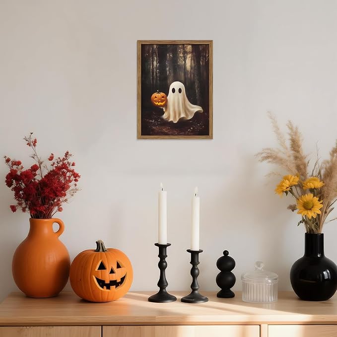 Vintage Halloween Ghost Wall Art, Gothic Cute Ghost Pumpkin Canvas Wall Decor Paintings, Dark Academia Spooky Fall Forest Prints Pictures for Living Room Bedroom 12x16 Inch Framed
