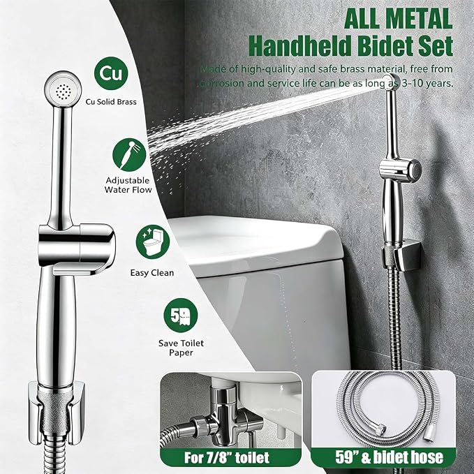 Handheld Bidet Sprayer for Toilet, Cloth Diaper Toilet Sprayer, Hand Held Bidet Attachment Brass 7.9" Bidet Wand, Adjustable Water Jet Spray with Backflow Preventer, Chrome