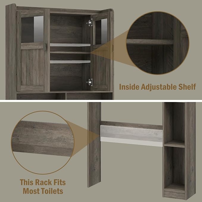 Vabches Over The Toilet Storage Cabinet with Doors and Shelves, Grey | Freestanding Home Space Save Toilet Rack, with Adjustable Shelves for Restroom, Bathroom, Laundry
