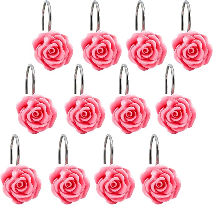 BEAVO Shower Curtain Hooks, Home Decorative Rustproof Shower Curtain Hooks Resin Rose Flower Shower Hooks Rings for Bathroom Shower Rods Curtains,Set of 12 Hooks (Pink) | Pink Flower Shower Curtain Ring - Stainless Steel Shower Ring Hook with Resin Flo...