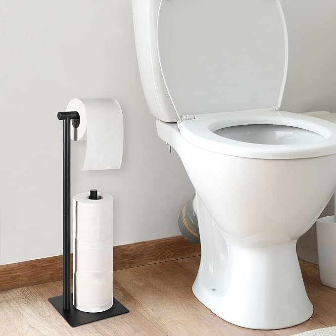 Toilet Paper Holder Stand Toilet Paper Roll Holder Stand Freestanding Black Toilet Paper Holder for Bathroom Toilet Tissue Storage Holder Metal