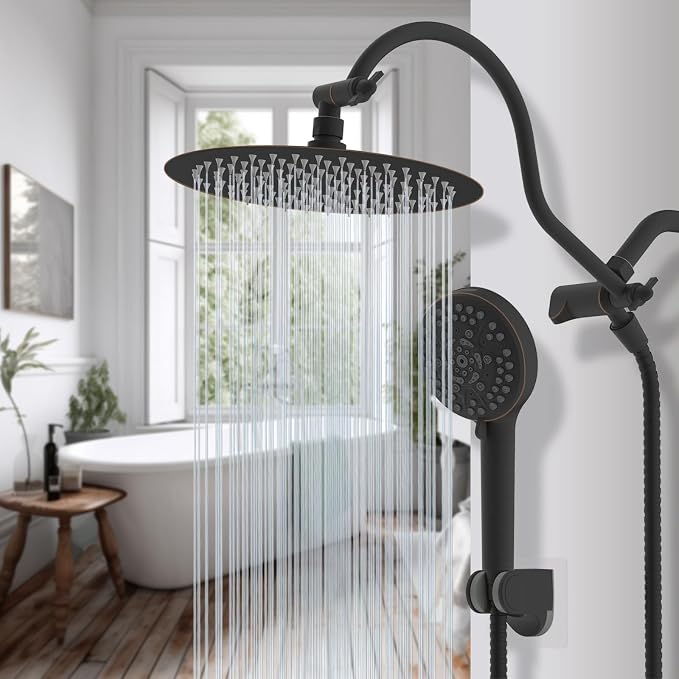 Hibbent All Metal Shower Head, 10'' High Pressure Rainfall Shower Head, Handheld Showerhead Combo with 12'' Adjustable Extension Arm, 10-Spray, 71'' Hose, Shower Holder, Oil Rubbed Bronze