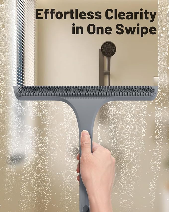 2-in-1 Silicone Shower Squeegee with Hook,Dual-Sided Design with Scraper & Scrub Surface,Rust-Proof Stainless Core,Streak-Free Bathroom Squeegee for Glass Doors,Mirrors,Windows,Car Windshields (Gray)