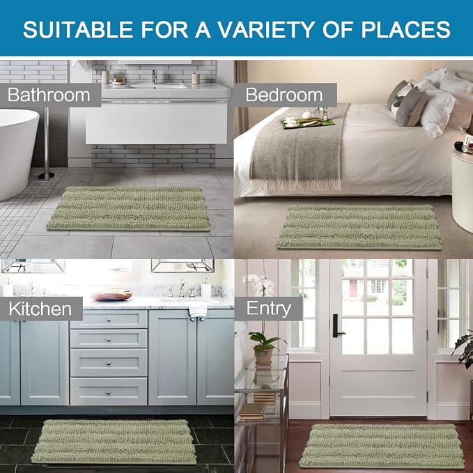 H.VERSAILTEX Bathroom Rug Sets 2 Piece Bath Mats Non Slip Thick Soft Chenille Striped Bath Rug achine Washable Shower Floor Rugs for Tub, Shower and Floor (Eucalyptus Green, 20" x 32"/17" x 24")