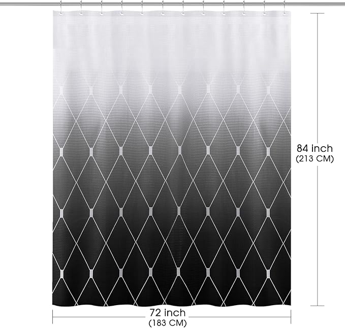 Extra Long Black Shower Curtain 84 Inch for Bathroom, Black and White Ombre and Geometric Waffle Textured Heavy Duty Cloth Shower Curtains, Large Hotel Spa Luxury Bath Curtain Set 72x84