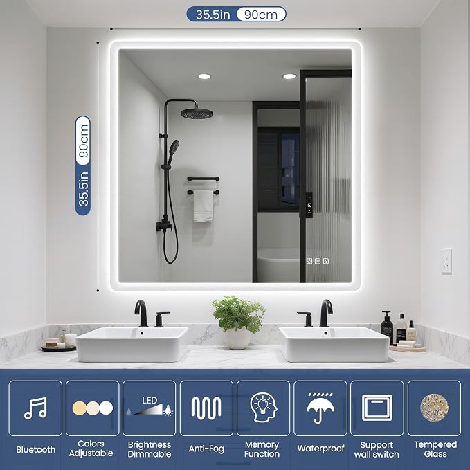 STARLEAD 36"x36" LED Bathroom Mirror with Bluetooth Speaker, Dimmable Lighting, 3 Color Temperature, Anti-Fog, Touch Control, Wall Mounted Vanity Mirror for Daily Routines