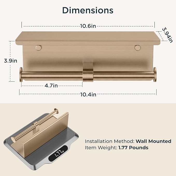FORIOUS Toilet Paper Holder with Shelf, Commercial Toilet Paper Dispensers | Champagne Gold | Wall Mount Bathroom Tissue Holder | SUS304 Stainless Steel Rustproof | Double Tissue Roll Holder